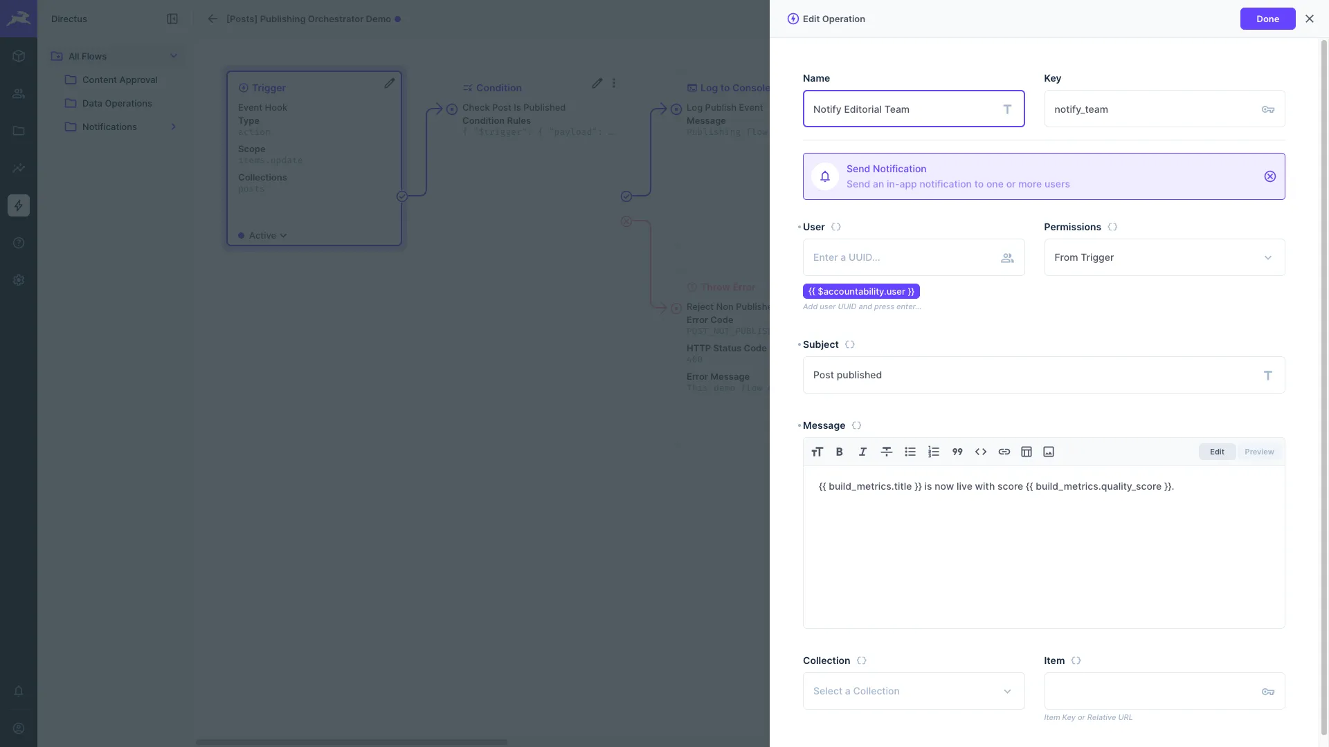 The operation configuration pane is open in the flow editor with a type of Send Notification.